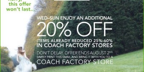 Coach Factory Stores: New 20% off Coupon!