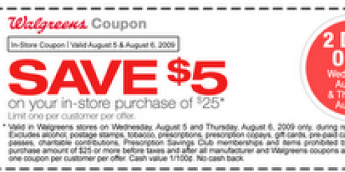Walgreens: 2 Day $5 off $25 In-Store Coupon!