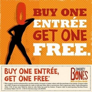Smokey Bones: Buy 1 Entree, Get 1 FREE!