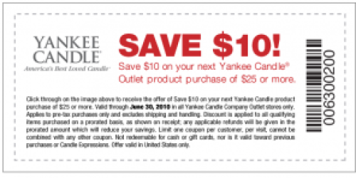 Yankee Candle Outlet Coupon: $10/$25 Purchase!