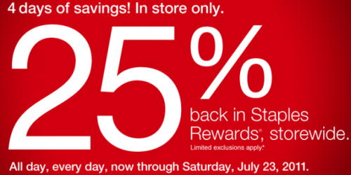 Staples: Receive 25% Back in Rewards (7/20-7/23)