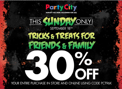 Party City: 30% off Entire Purchase (9/18 Only)