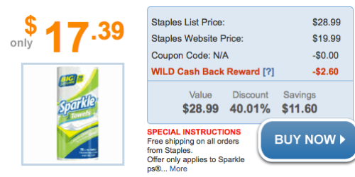 Sparkle Paper Towels 30 Pack Only $17.39 Shipped (After Wild Cash Back Reward)