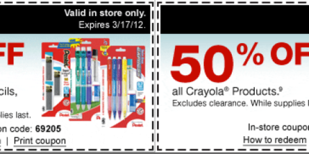 Staples: 50% Off Pental Mechanical Pencils, Crayola Products, Heavy-Duty Avery Binders + More