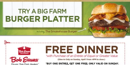 Bob Evans: Buy 1 Dinner Entree, Get 1 FREE (Today Only – Starting at 4PM)