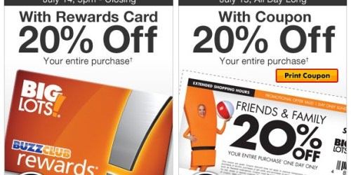 Big Lots: 20% off Your ENTIRE Purchase (July 14th & July 15th Only)