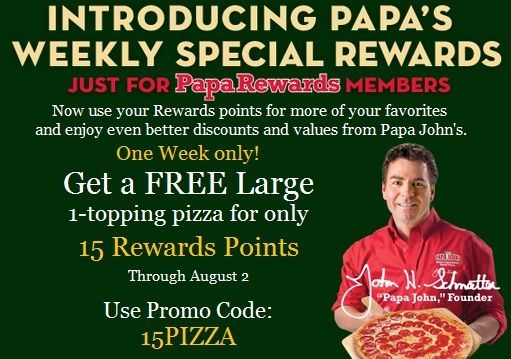 Papa John's Rewards Members: FREE Large 1-Topping Pizza for Only 15 Points