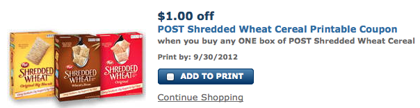 New $1/1 Post Shredded Wheat Cereal Coupon = Possibly FREE at Walgreens