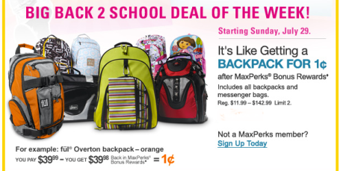 Heads-Up: 1¢ Backpacks at OfficeMax After MaxPerks Rewards Starting Sunday, July 29th