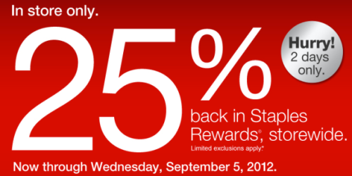Staples: 25% Back In Staples Rewards Storewide (Valid Through Tomorrow Only)