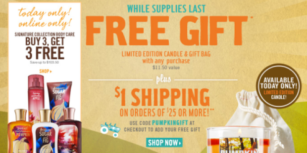 Bath & Body Works: Free Candle & Gift Bag + $1 Shipping on $25 Orders (Valid Today Only)