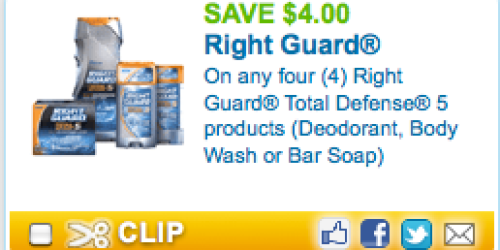 New $4/4 Right Guard Total Defense 5 Coupon = Only $0.48 Per Bar Soap at Walmart