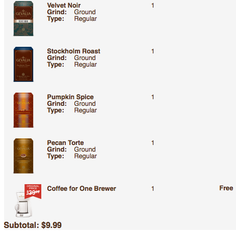 Gevalia Coffee: Coffeemaker, 4 Boxes of Coffee, & Samples $9.99 Shipped