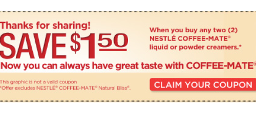 High Value $1.50/2 Coffee-Mate Creamer Coupon (Share on Facebook) = Only $1.04 Each at Target