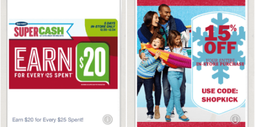Old Navy Shopkick: Earn $20 Super Cash for Every $25 Spent + Extra 15% Off (12/20-12/24)
