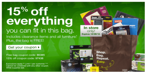 Staples: FREE EcoEasy Bag + 15% Off Clearance Items, Furniture, & More (Thru 12/29)