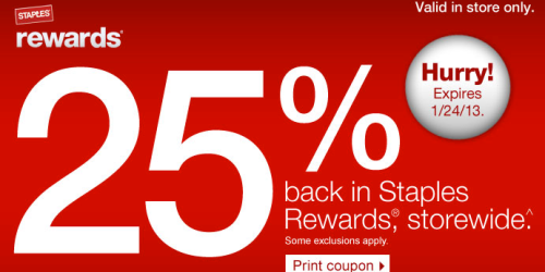 Staples: 25% Back In Staples Rewards Storewide (Valid Through January 24th Only)