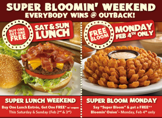 Outback Steakhouse Buy 1 Lunch Entree Get 1 Free 2 2 2 3 Free Bloomin Onion On 2 4 Hip2save