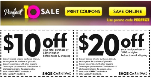 Shoe Carnival: $10 Off a $50 Purchase Coupon Valid Through Tomorrow