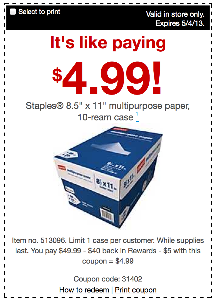 Staples Multipurpose Paper 10 Ream Case Only 4.99 (After Staples