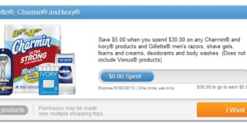 SavingStar: Spend $30 on Charmin, Ivory and Gillette Items by June 30th and Get $5 Back