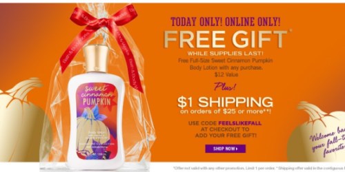 Bath & Body Works: FREE Full-Size Sweet Cinnamon Pumpkin Body Lotion with Purchase + $1 Shipping on Orders $25+ (Today Only!)
