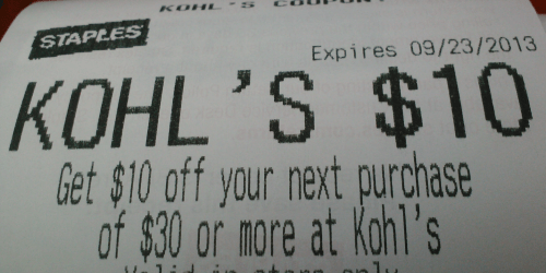 Staples: $10 Off a $30 Purchase at Kohl’s (Check Your Receipt!)