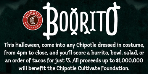 Chipotle: Wear a Costume on Halloween from 4PM to Close & Get a Burrito, Bowl, Salad, or Tacos for Only $3