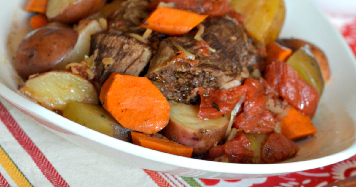 Slow cooker beef stew in a bowl
