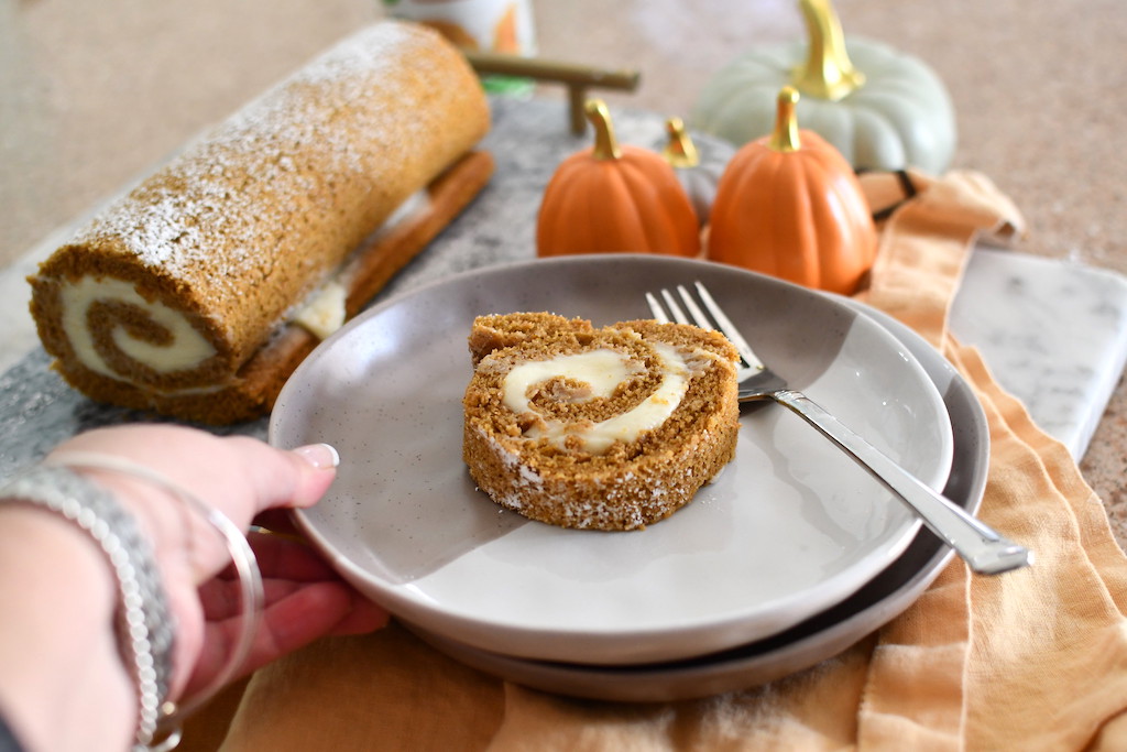 pumpkin roll slice on plate 