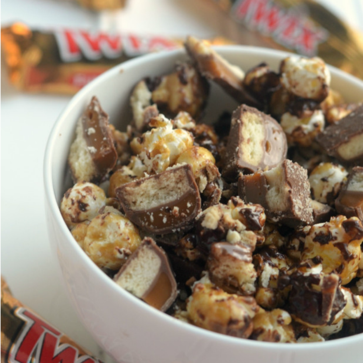 Twix Caramel Popcorn Recipe – closeup in the bowl
