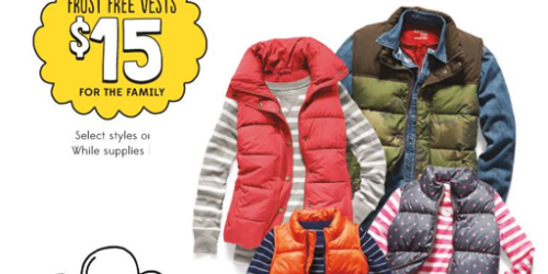 Old Navy: $15 Frost Free Vests for the Whole Family – Regularly Up to $39.94 (In Store on 11/2 Only)
