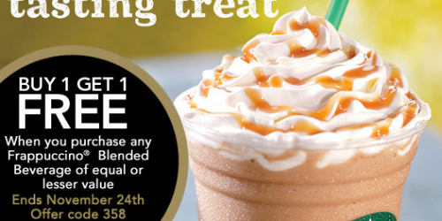 Starbucks: Buy 1 Get 1 Free ANY Frappuccino Blended Beverage (Select Starbucks Rewards Members)