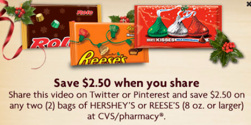 CVS: $2.50/2 Hershey’s or Reese’s CVS Store Coupon = Hershey’s Kisses Only 40¢ Each (Starting 11/24!)