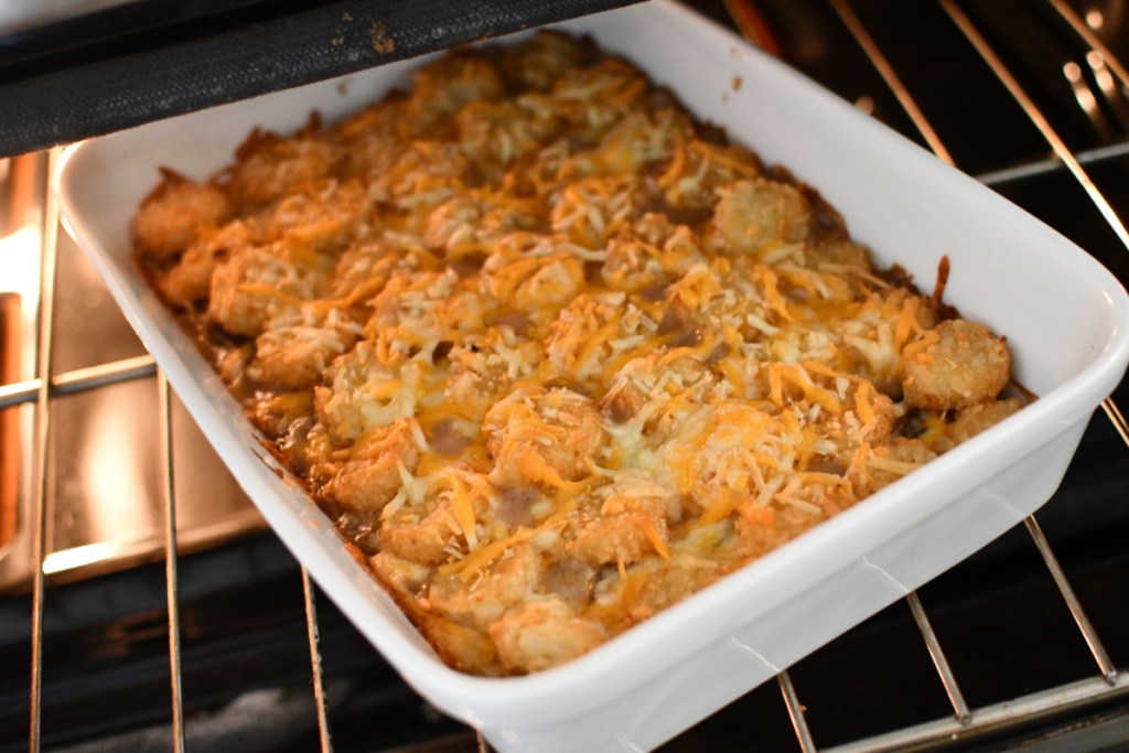 tater tot casserole out of the oven