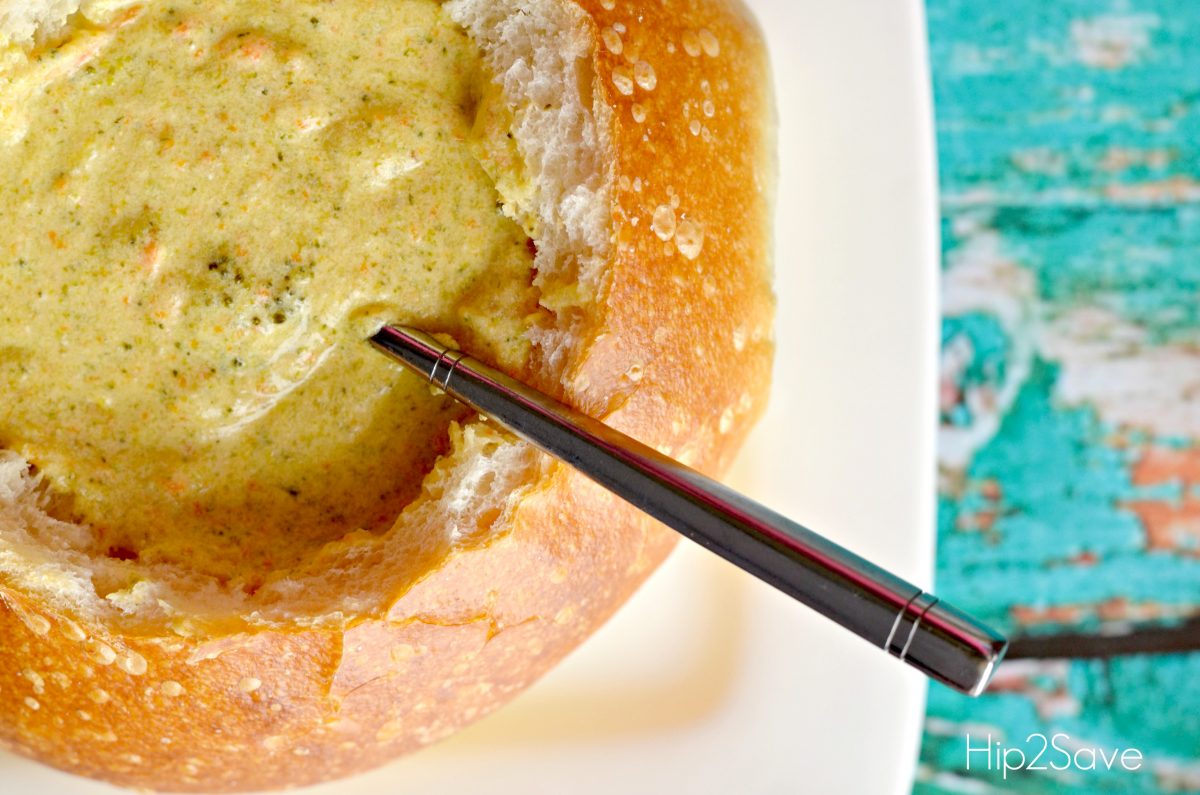 broccoli cheddar soup in a bread bowl
