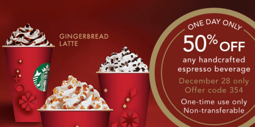 Starbucks: 50% Off Any Handcrafted Espresso Drink – Today Only (Select Starbucks Rewards Members)