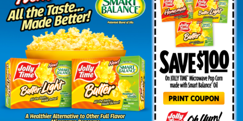 New $1/1 Jolly Time Microwave Popcorn made with Smart Balance Oil Coupon