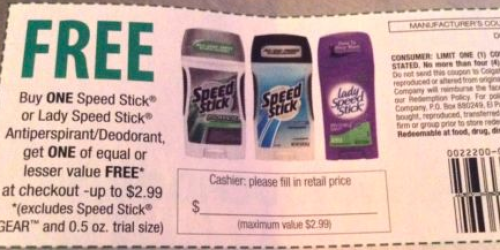 Heads up – Buy 1 Get 1 Free Speed Stick or Lady Speed Stick Coupon Coming Tomorrow = Possibly 6 FREE Deodorants at CVS + Rite Aid & Walgreens Deals
