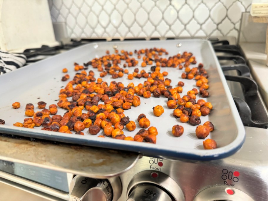 sheet pan with roasted crispy chickpeas