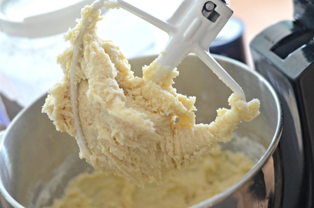 stand mixer with sugar cookie dough