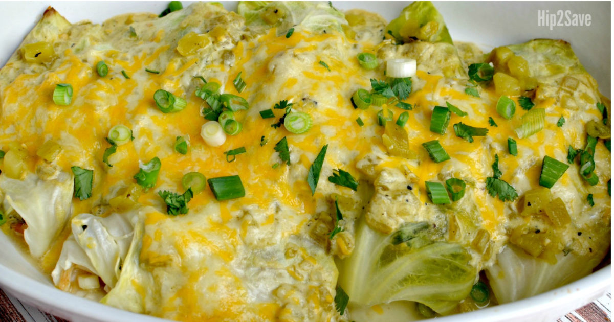 Hip2Keto keto cabbage green chile enchiladas recipe - up close image of the recipe