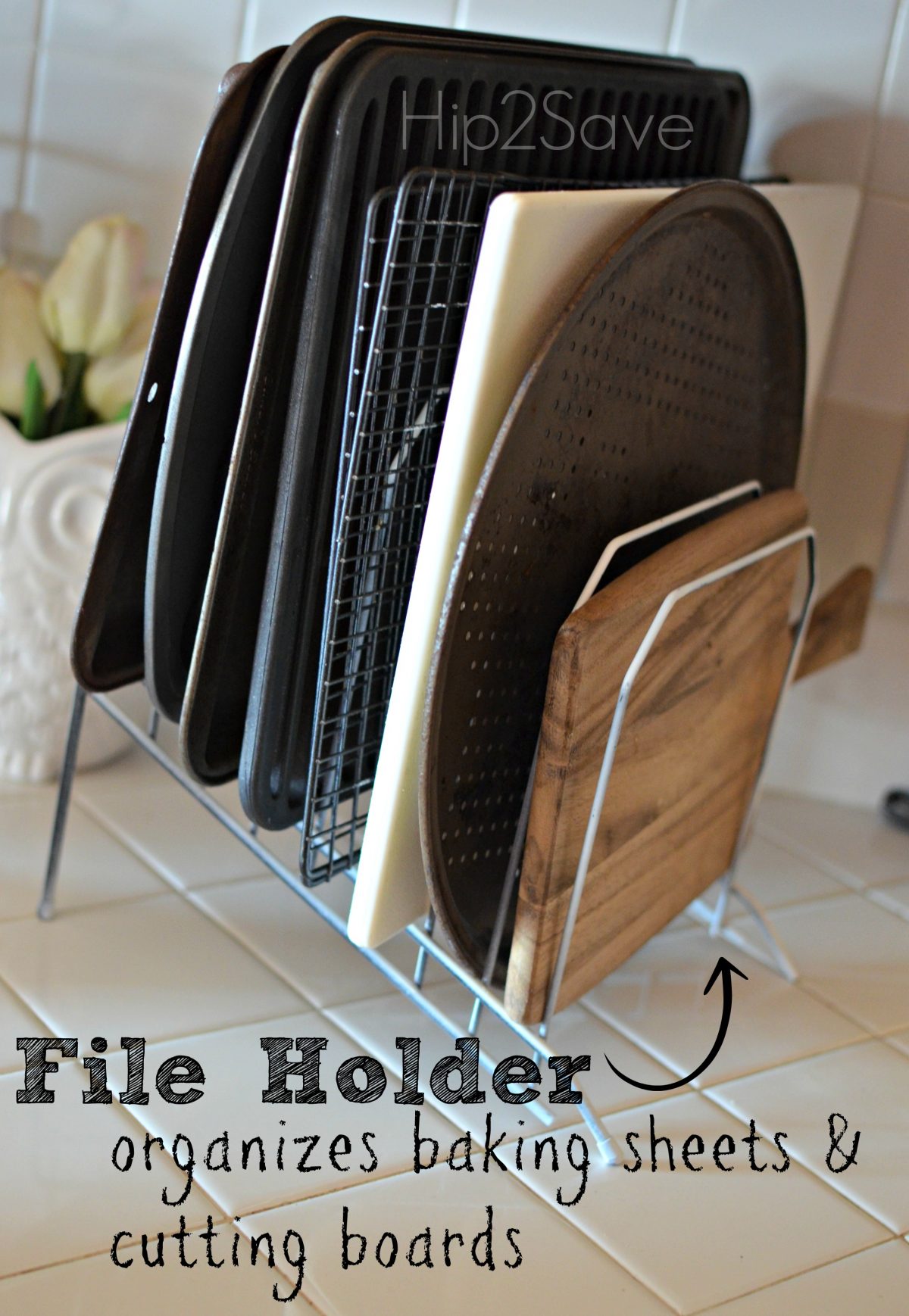 organize baking sheets and cutting boards with file holders