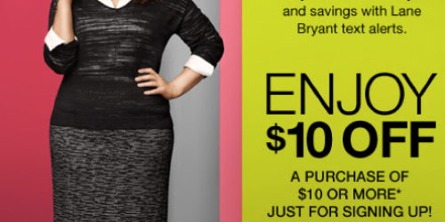 Lane Bryant: $10 Off $10+ In-Store Purchase (Text Offer) = Possible Free Jewelry, Socks and More