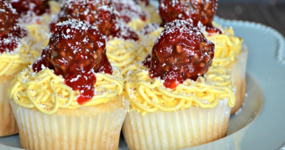 April Fool's Day spaghetti and meatball Cupcakes on a plate