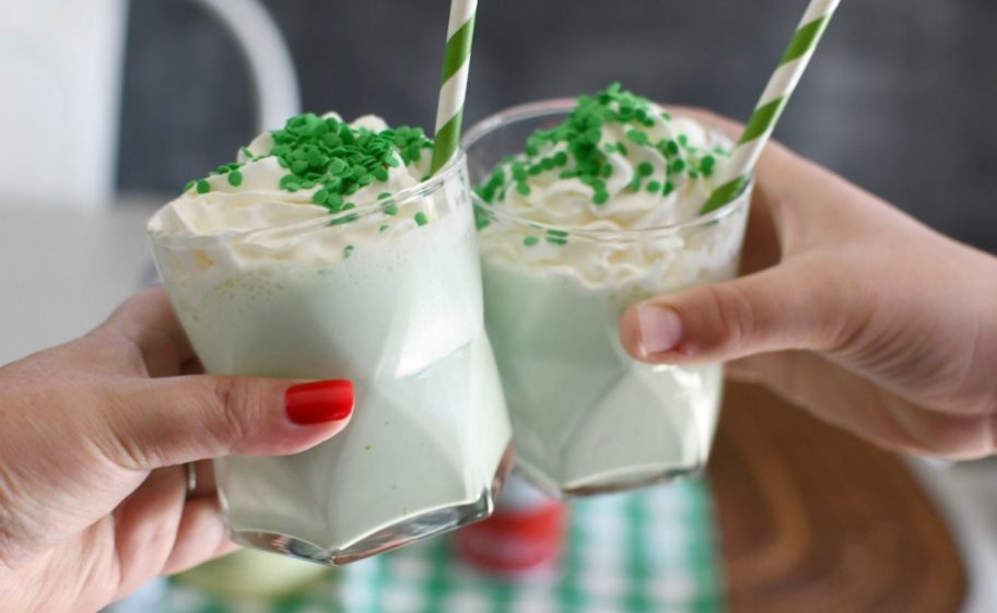 two homemade McDonald's shamrock shakes in a mint green color