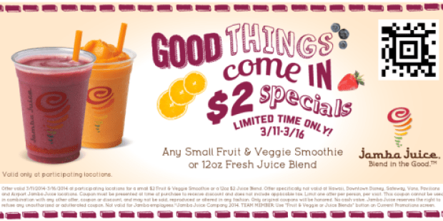 Jamba Juice: $2 Small Smoothies (Valid through 3/16)