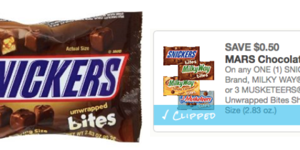 New $0.50/1 Snickers, Milky Way or 3 Musketeers Bites Sharing Size Coupon = Only 50¢ at Walmart