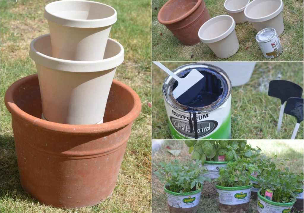 collage of photos showing how to put together and make a stacked planter