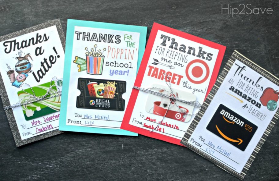 row of 4 free printable gift card gifts for teachers 